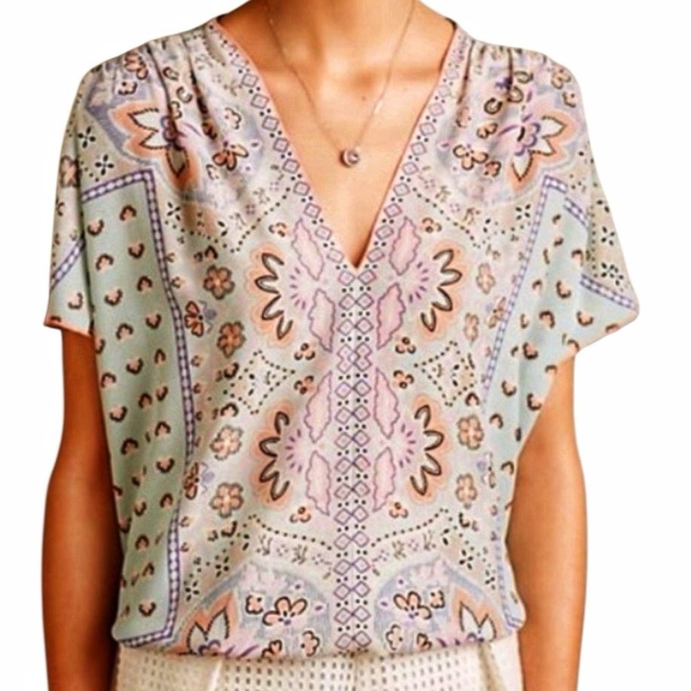 Anthropologie One September Medium Prato Pastel Floral Geometric Print Blouse